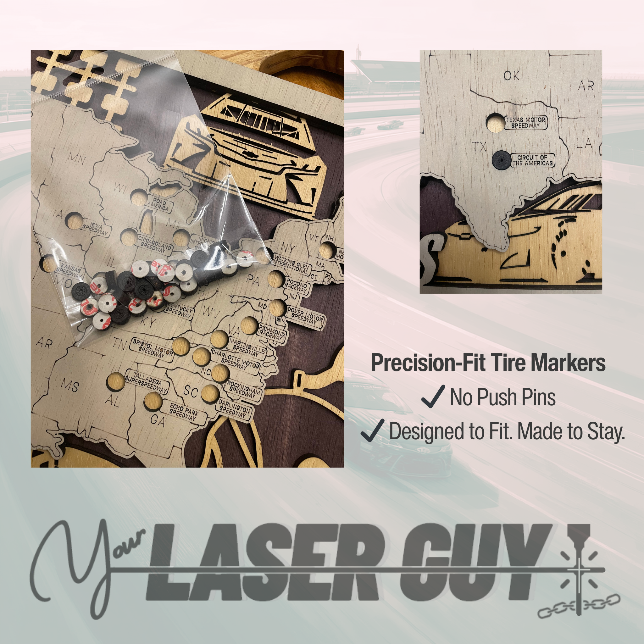 NASCAR Tracks Wall Map – Original Layered Wood Race Tracker with Precision-Fit Tire Markers | 4 Color Editions