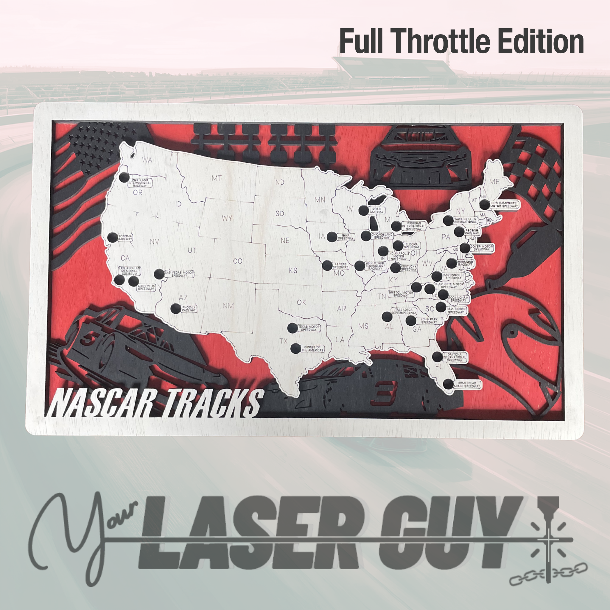 NASCAR Tracks Wall Map – Original Layered Wood Race Tracker with Precision-Fit Tire Markers | 4 Color Editions