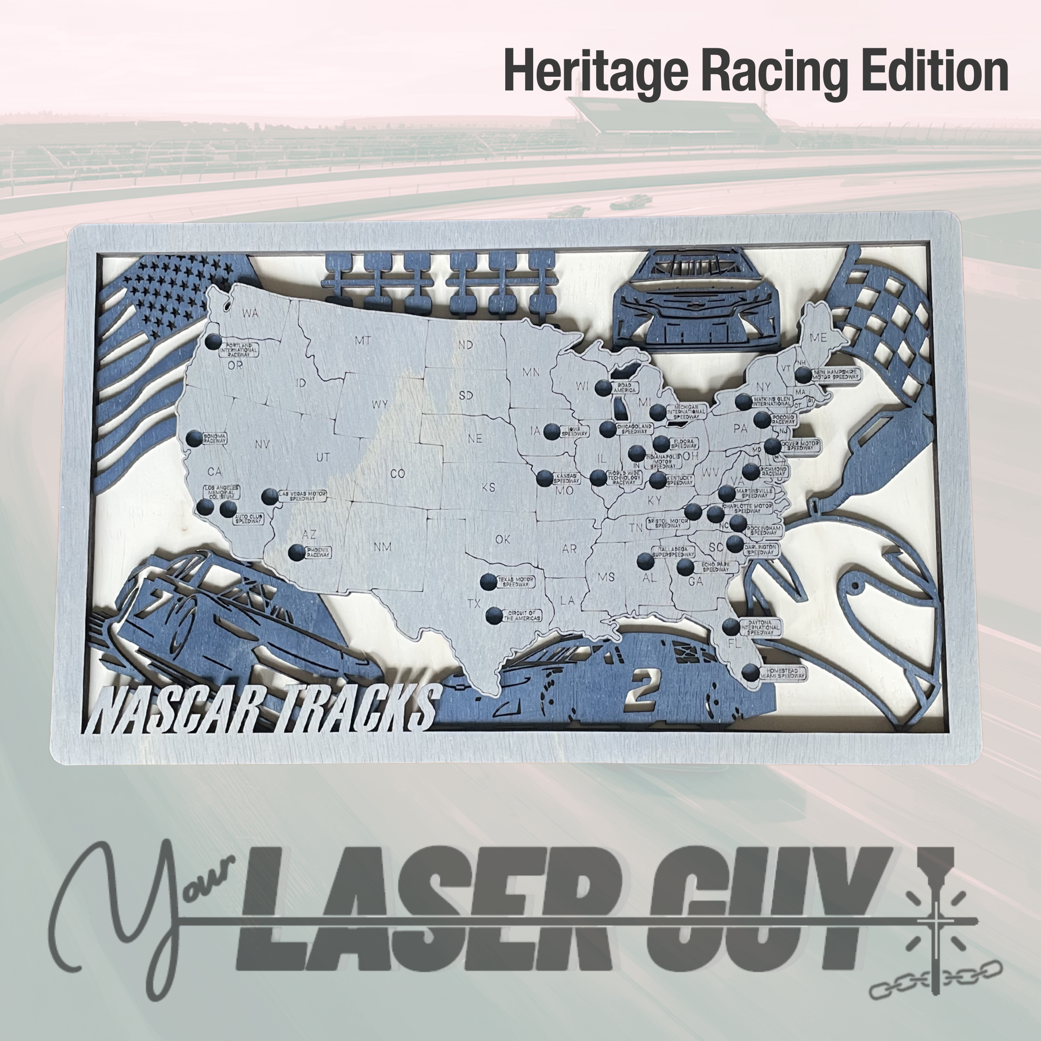 NASCAR Tracks Wall Map – Original Layered Wood Race Tracker with Precision-Fit Tire Markers | 4 Color Editions