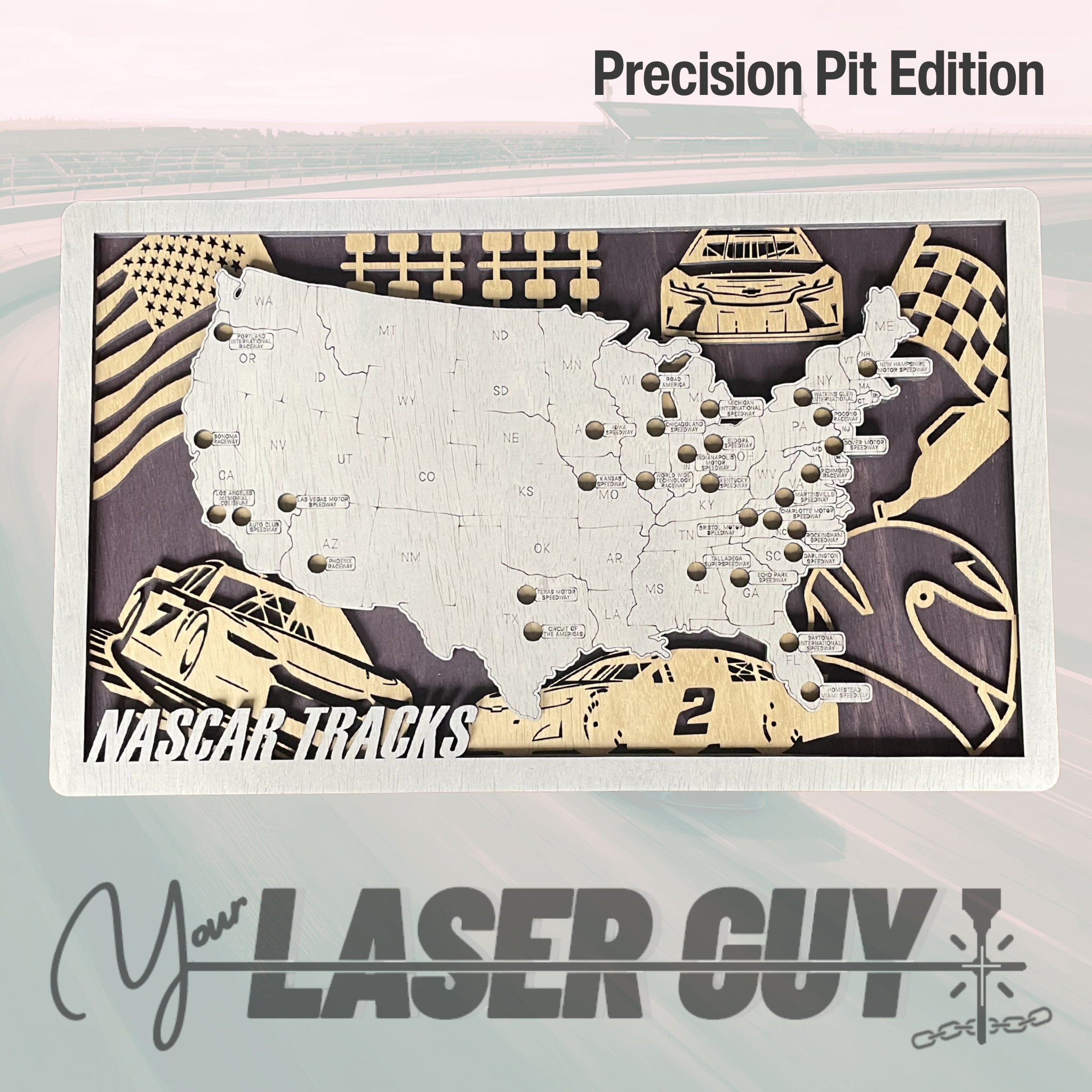 NASCAR Tracks Wall Map – Original Layered Wood Race Tracker with Precision-Fit Tire Markers | 4 Color Editions