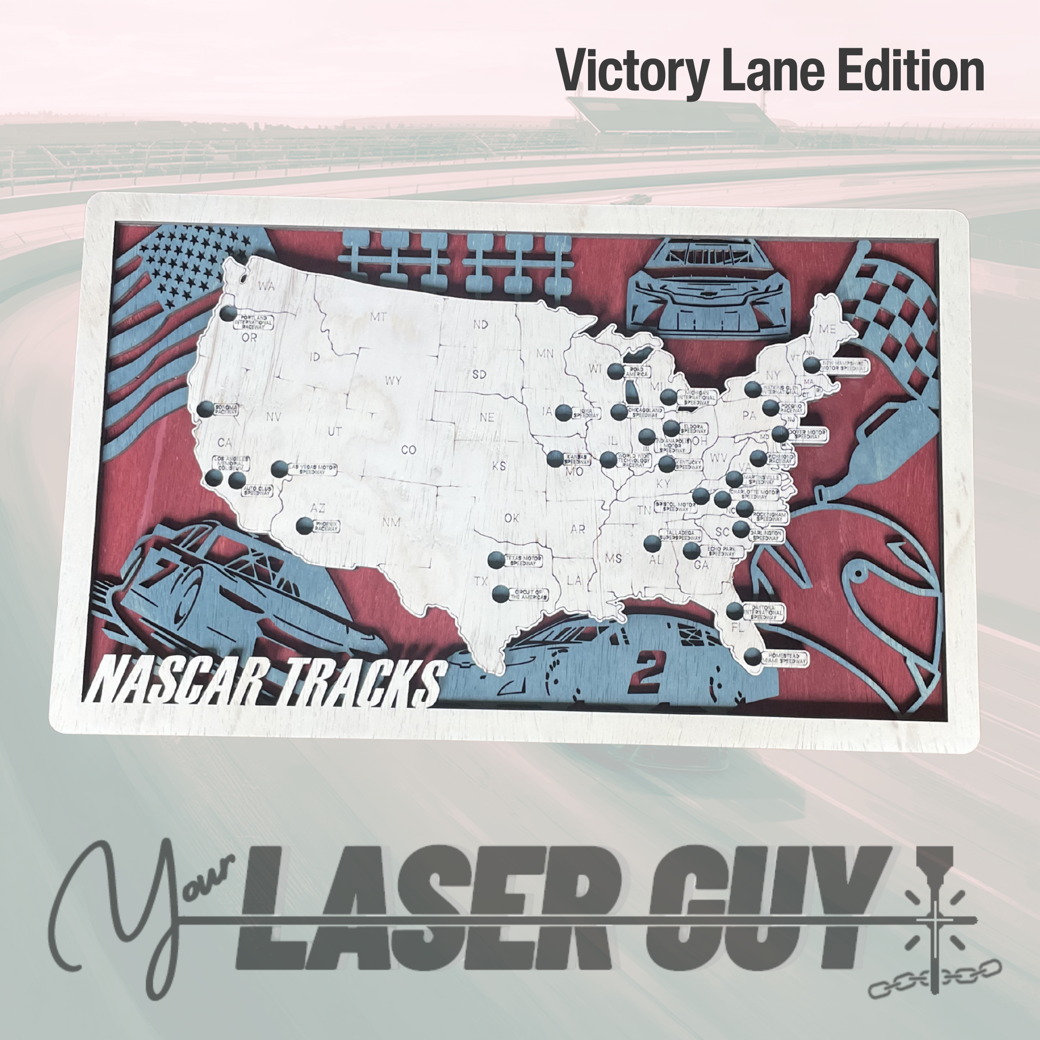 NASCAR Tracks Wall Map – Original Layered Wood Race Tracker with Precision-Fit Tire Markers | 4 Color Editions